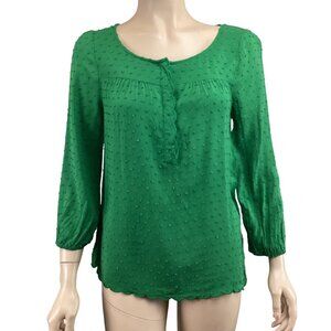 Maeve Anthropologie Scallop Edge Top Size 4  Green Textured Swiss Dot Long Sleev